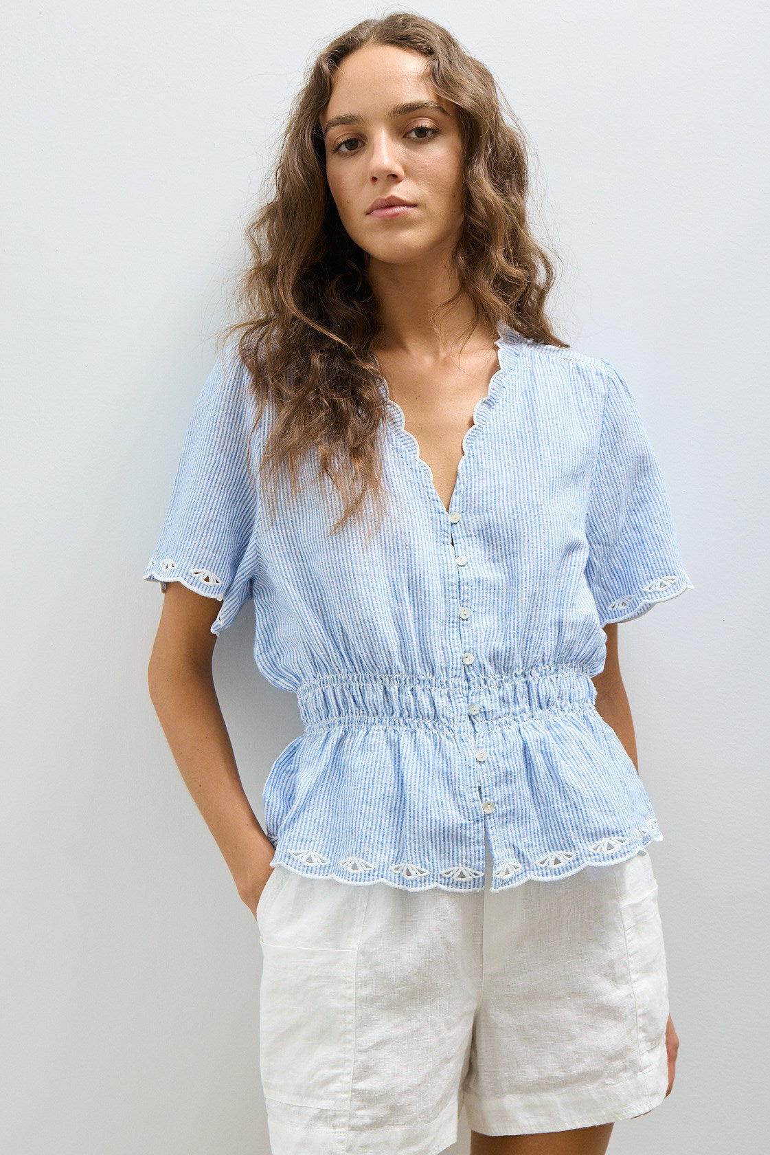 CATHY BLOUSE-Blue pin stripe