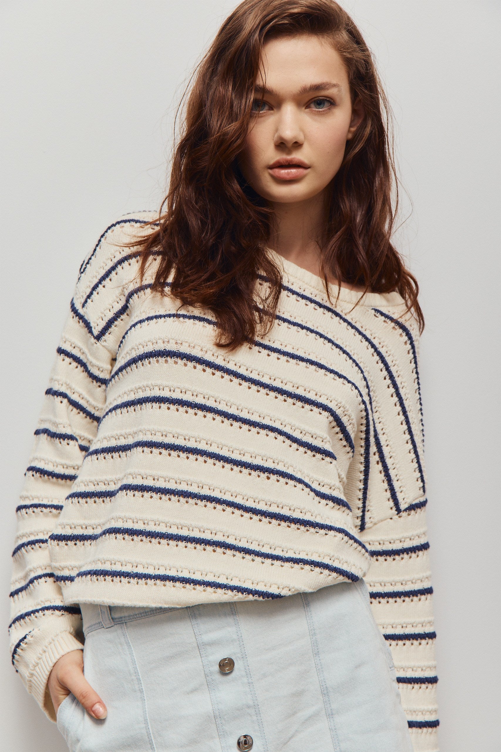 ELI SWEATER-Rayures bleu marine et blanc cassé