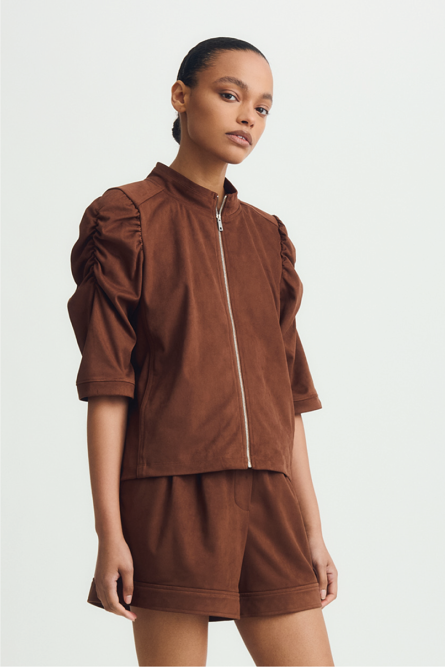 LINA ZIP-UP TOP-Brown suede