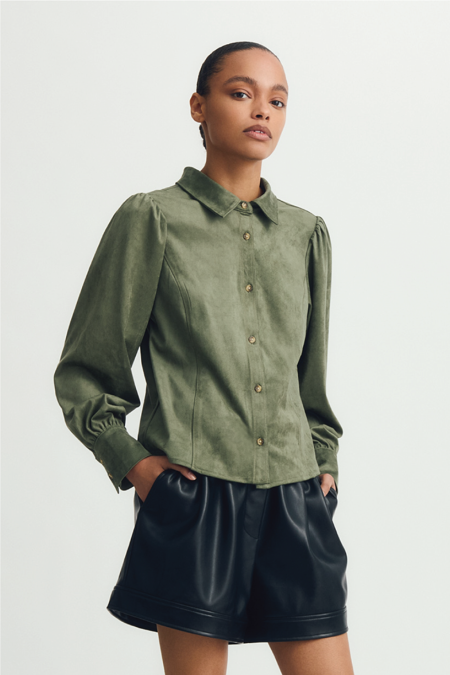 TARA SHIRT-Green leaf suede