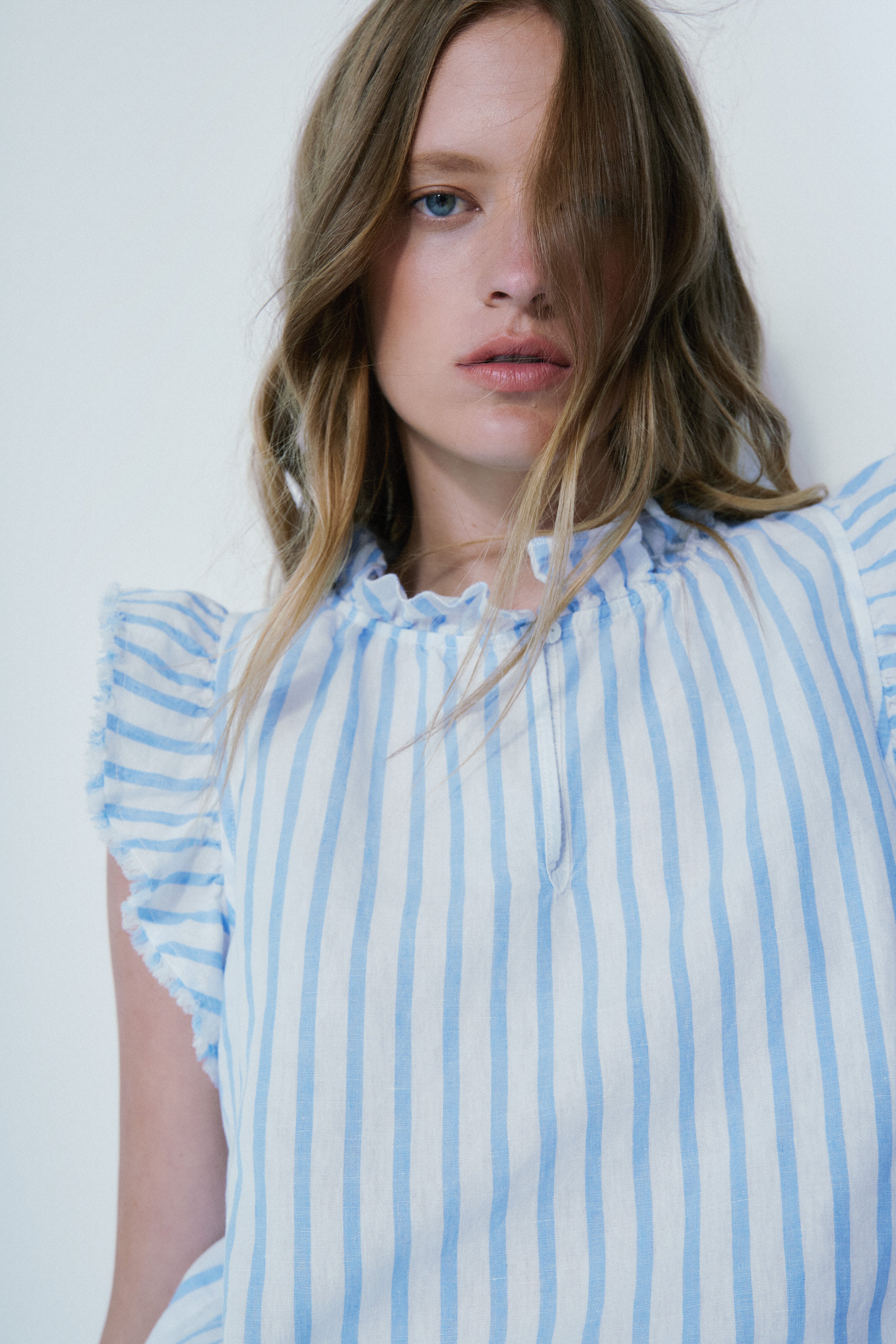 Clara light blue stripe linen top