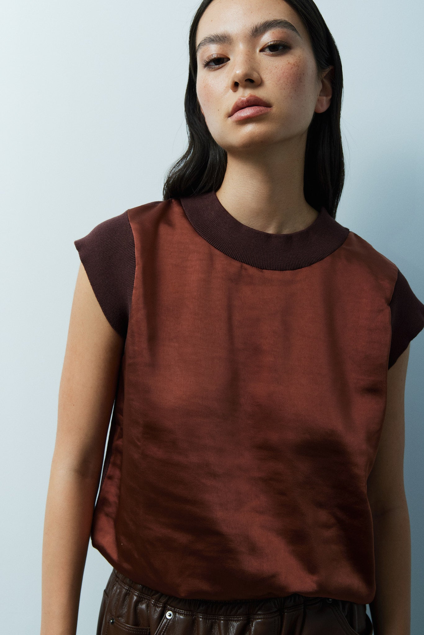 Elan mixed media satin tee