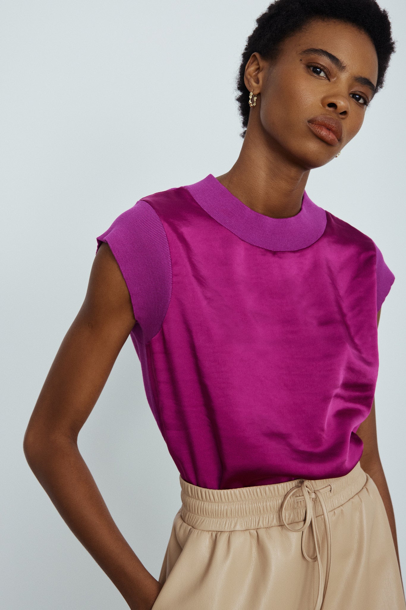 Elan mixed media satin tee