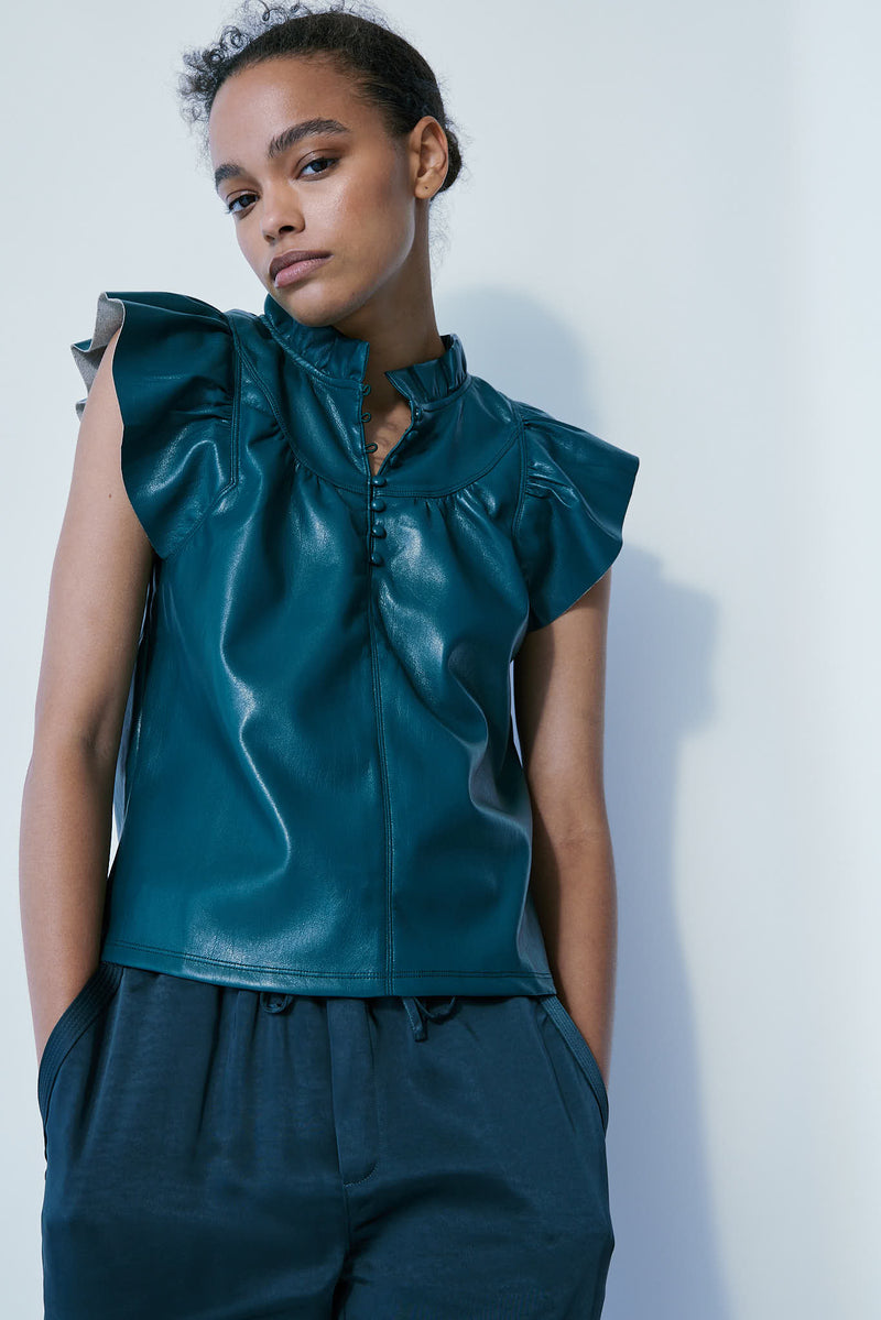 Safir dark emerald faux leather blouse