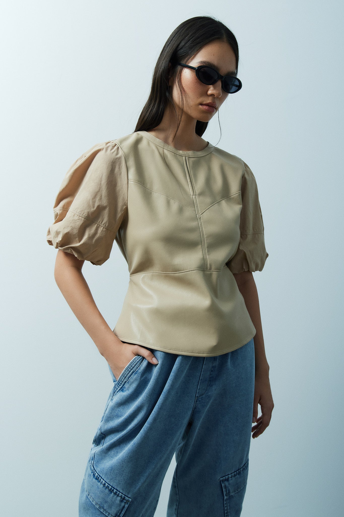 Oska desert faux leather and poplin blouse