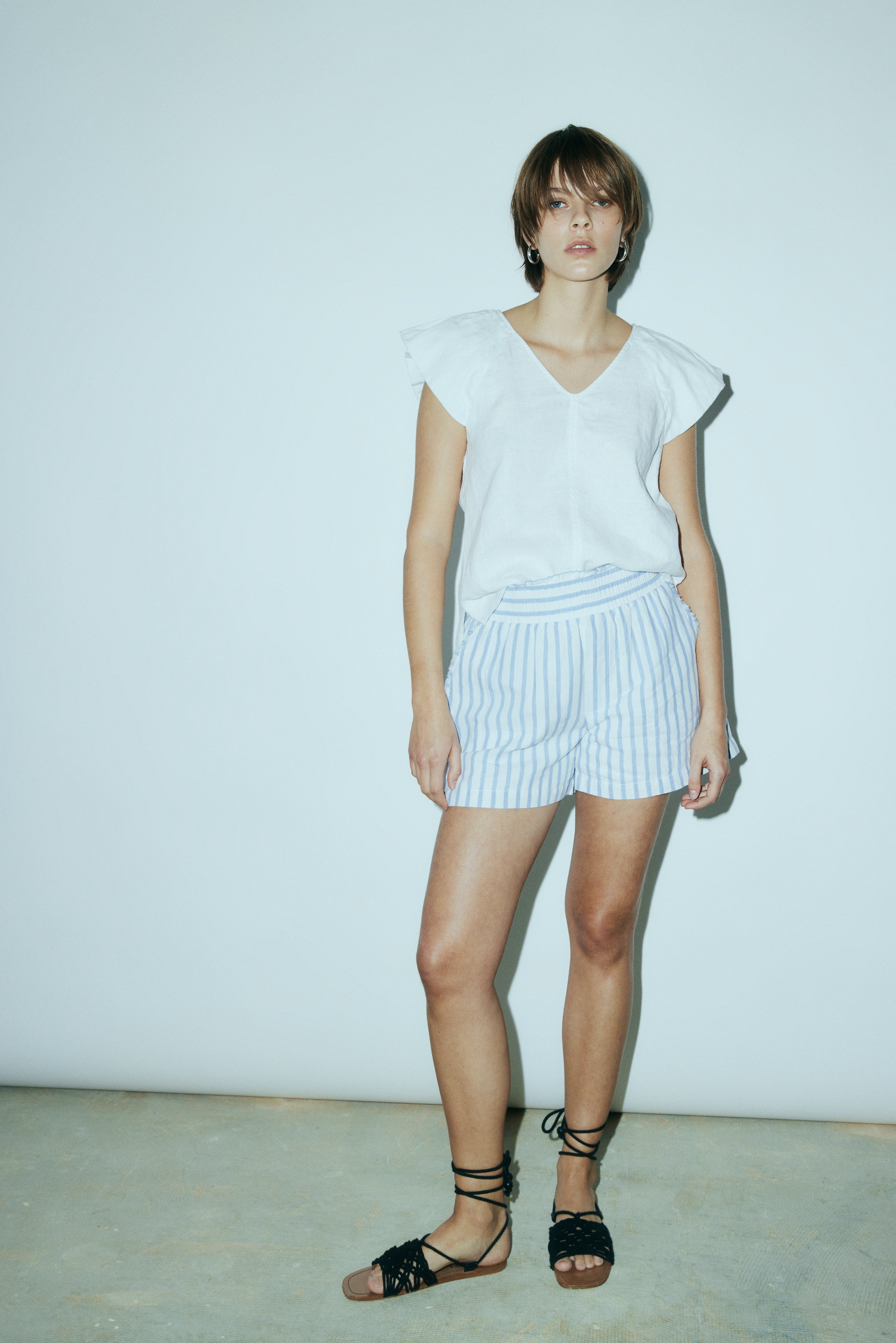 Selena light blue stripe linen short