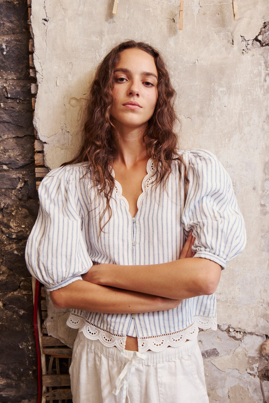 RAY BLOUSE-White navy stripe